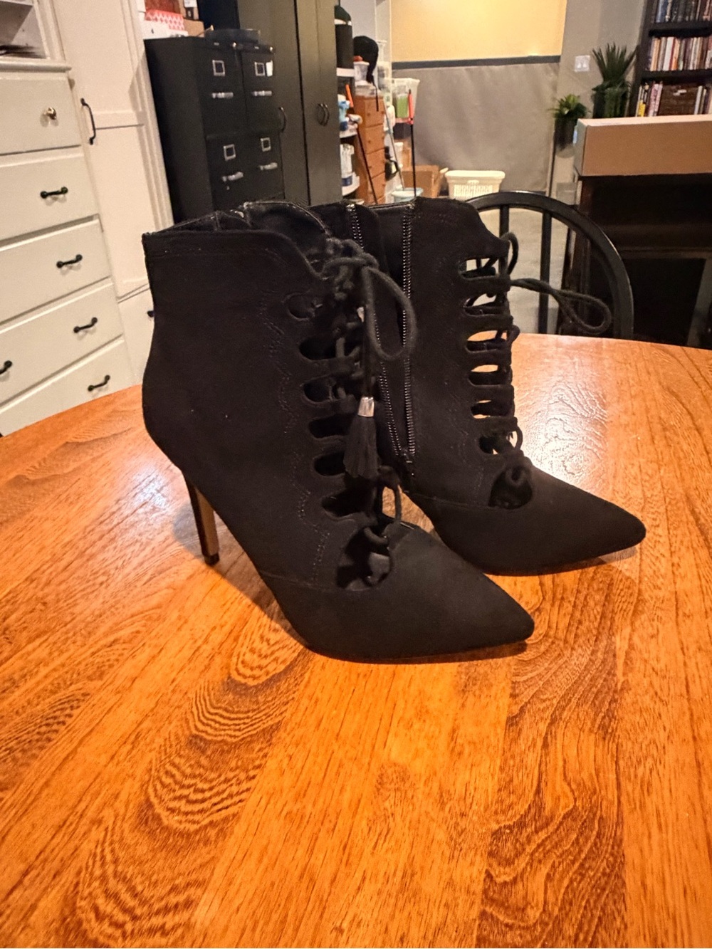 Black Lace-Up Pointed Toe Stiletto Booties - Women